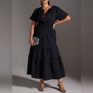 Anthropologie Black Cotton Short Sleeve Tiered A-Line Somerset Maxi Dress LG